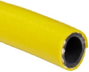 A yellow hose is shown with its end rolled up.