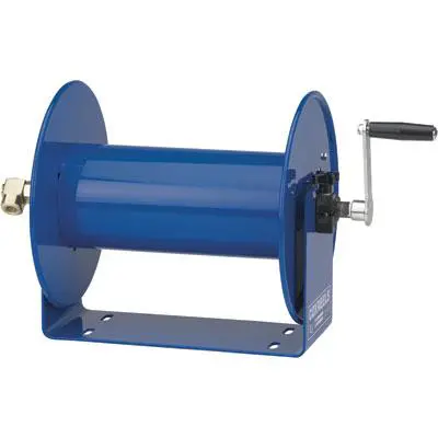 A blue hose reel with a handle attached to it.